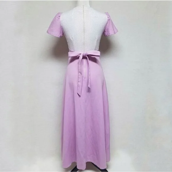 Vintage 1960s Lilac Swiss Dot Handmade Short Sleeve Tie Waist Maxi Dress S - Picture 9 of 13
